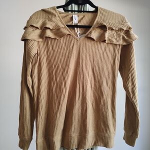 Ruffled V-Neck Ribbed Sweater
